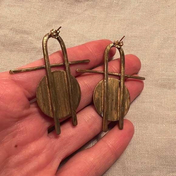 Handmade artisan geometric solid brass statement earrings modern - Picture 7 of 7